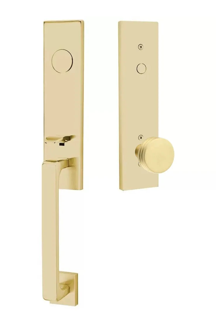 Emtek Davos Handleset with Interior Bern Knob in Satin Brass finish