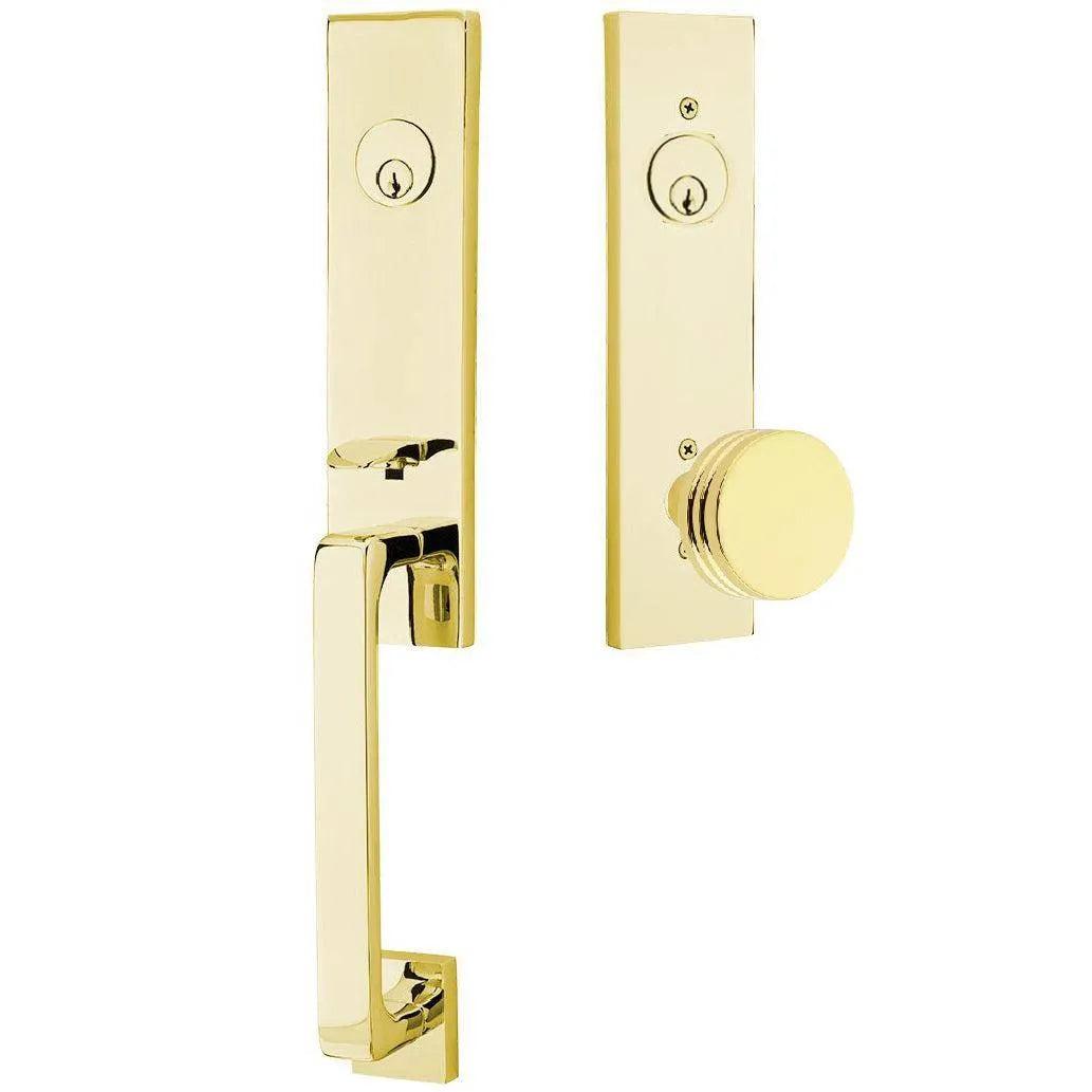Emtek Davos Handleset with Interior Bern Knob Unlacquered Brass