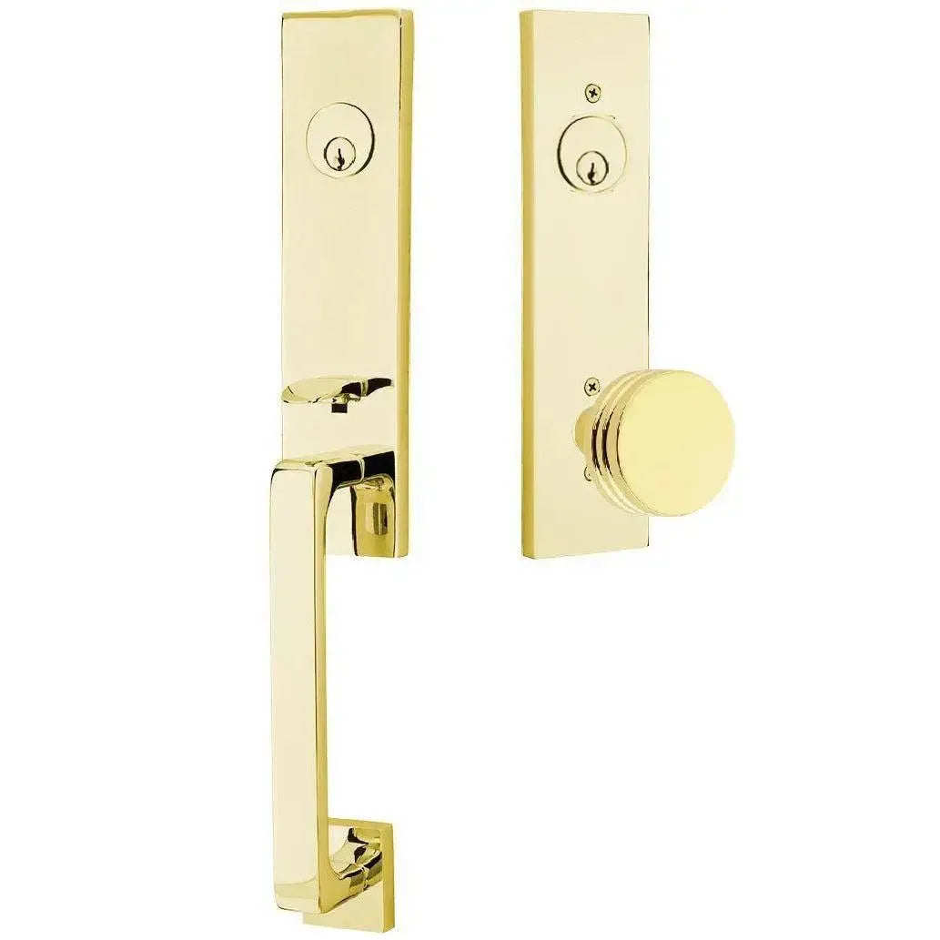 Emtek Davos Handleset with Interior Bern Knob in Unlacquered Brass finish