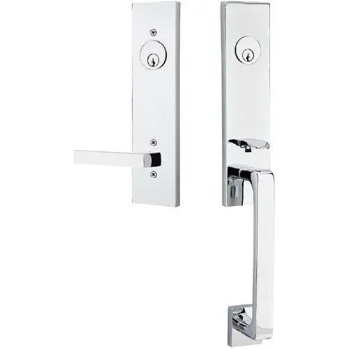 Emtek Davos Tubular Entrance Handleset With Dumont Lever Polished Chrome