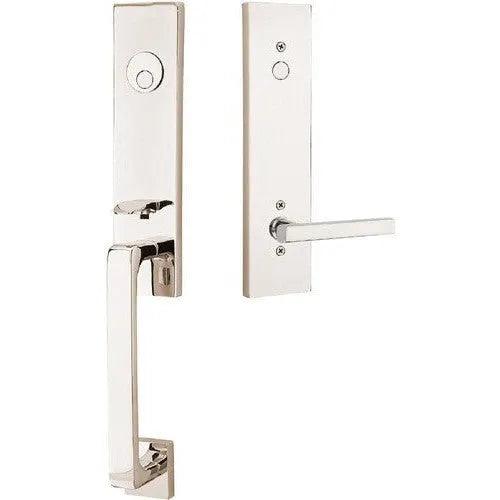 Emtek Davos Tubular Entrance Handleset With Freestone Lever Satin Nickel