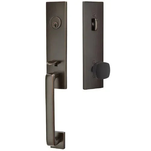 EmtekEmtek Davos Tubular Entrance Handleset With Freestone Square Knob in 