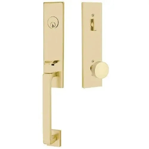 Emtek Davos Tubular Entrance Handleset With Round Knob in Satin Brass finish