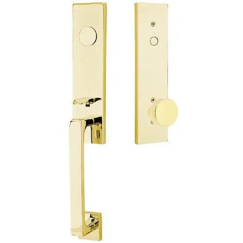 Emtek Davos Tubular Entrance Handleset With Round Knob Unlacquered Brass