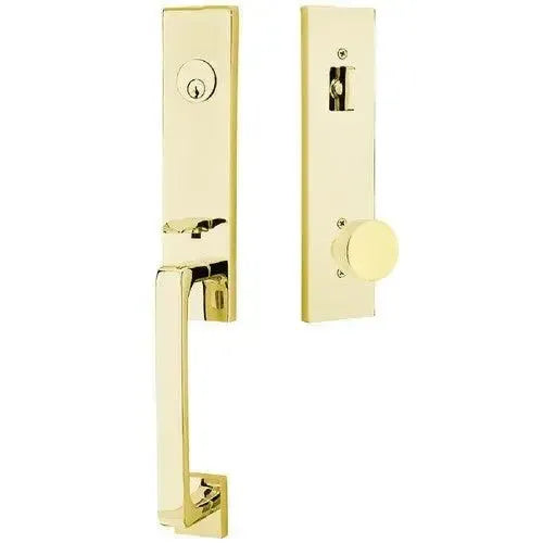 Emtek Davos Tubular Entrance Handleset With Round Knob in Unlacquered Brass finish