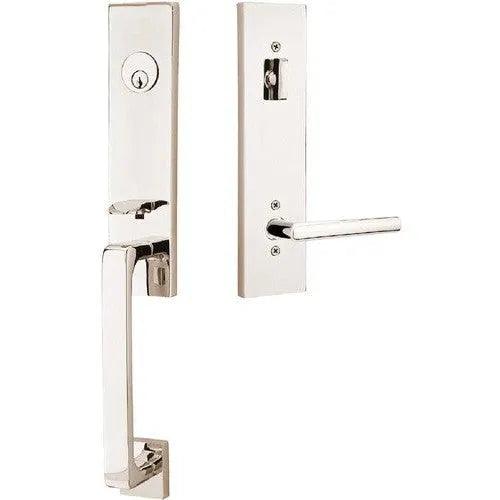 Emtek Davos Tubular Entrance Handleset With Stuttgart Lever Lifetime Polished Nickel