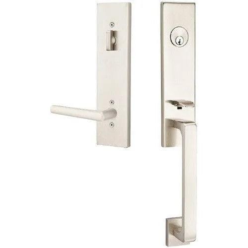 Emtek Davos Tubular Entrance Handleset With Stuttgart Lever Satin Nickel