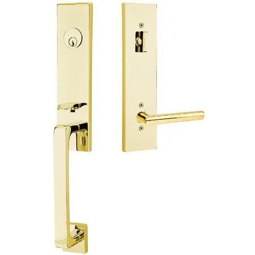 Emtek Davos Tubular Entrance Handleset With Stuttgart Lever Unlacquered Brass