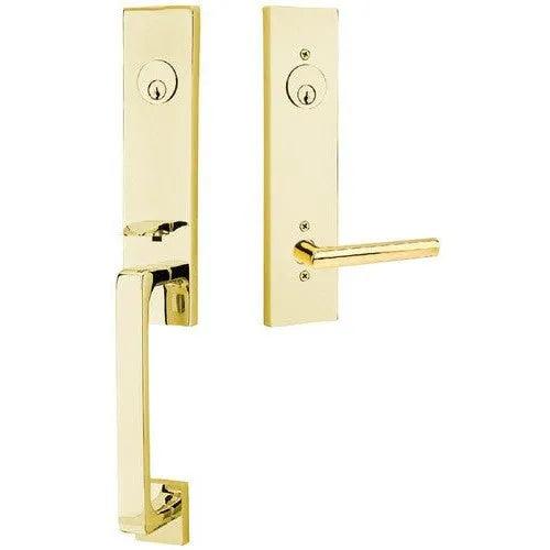 Emtek Davos Tubular Entrance Handleset With Stuttgart Lever Unlacquered Brass