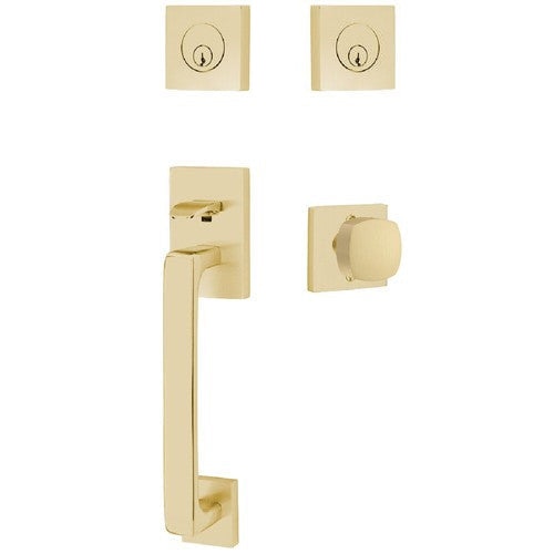 Emtek Baden Entrance Handleset With Freestone Square Knob in Satin Brass finish