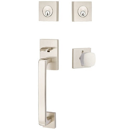 Emtek Baden Entrance Handleset With Freestone Square Knob in Satin Nickel finish