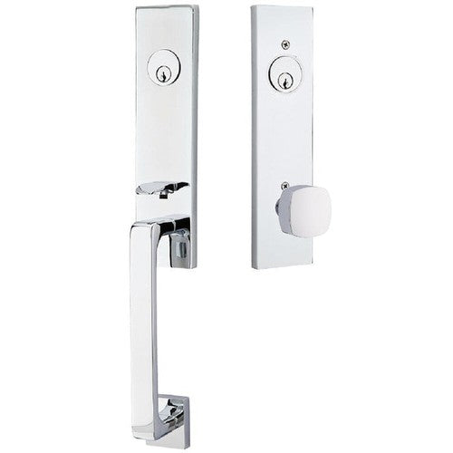 Emtek Davos Tubular Entrance Handleset With Freestone Square Knob in Polished Chrome finish