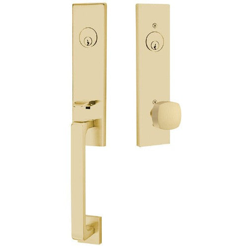 Emtek Davos Tubular Entrance Handleset With Freestone Square Knob in Satin Brass finish