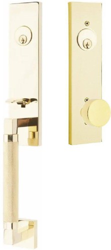 Emtek Hercules Knurled Monolithic Tubular Entry Set with Round Knob in Unlacquered Brass finish