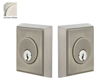 The Emtek Double Cylinder Rectangular Keyed Deadbolt in Satin Nickel finish.