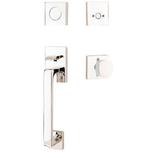 Emtek Baden Entrance Handleset With Freestone Square Knob in Lifetime Polished Nickel finish