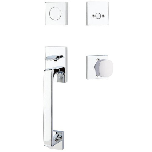 Emtek Baden Entrance Handleset With Freestone Square Knob in Polished Chrome finish