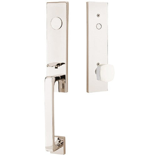 Emtek Davos Tubular Entrance Handleset With Freestone Square Knob in Lifetime Polished Nickel finish