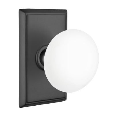 Emtek Ice White Porcelain Knob with Rectangular Rosette in Flat Black finish