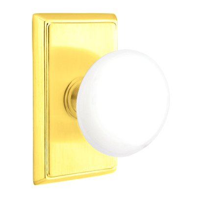 Emtek Ice White Porcelain Knob with Rectangular Rosette in Lifetime Polished Brass finish