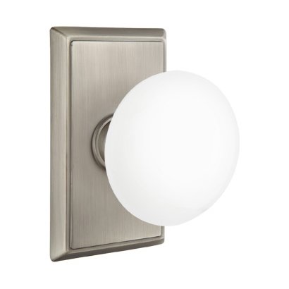 Emtek Ice White Porcelain Knob with Rectangular Rosette in Pewter finish