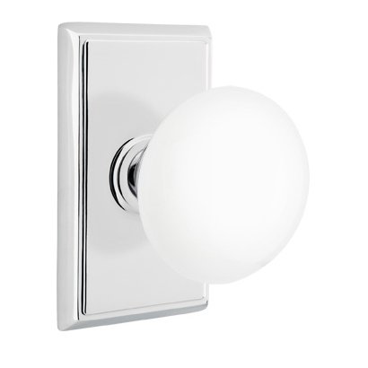 Emtek Ice White Porcelain Knob with Rectangular Rosette in Polished Chrome finish