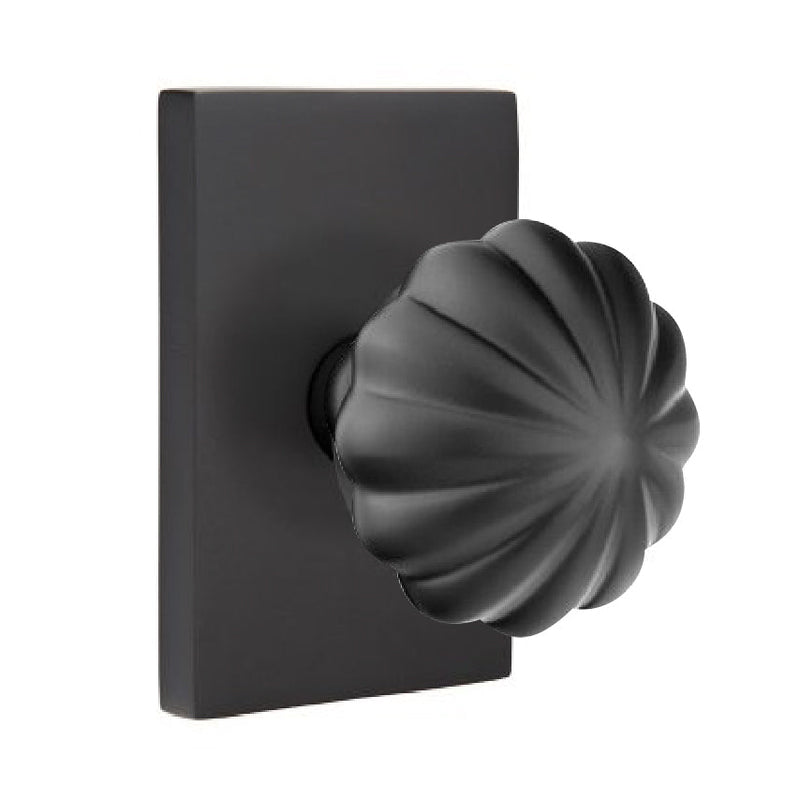 Emtek Melon Knob With Modern Rectangular Rosette in Flat Black finish