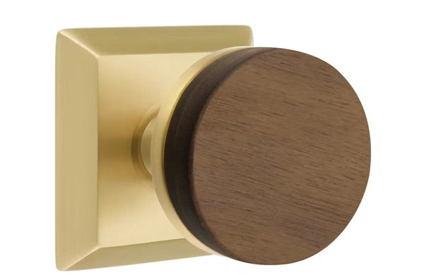 Emtek Select Conical Dark Walnut Knob with Quincy Rosette in Satin Brass finish