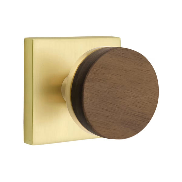 Emtek Select Conical Dark Walnut Knob with Square Rosette in Satin Brass finish