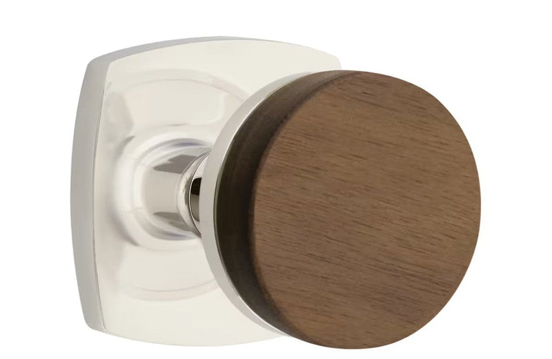 Emtek Select Conical Dark Walnut Knob with Urban Modern Rosette in Polished Nickel finish