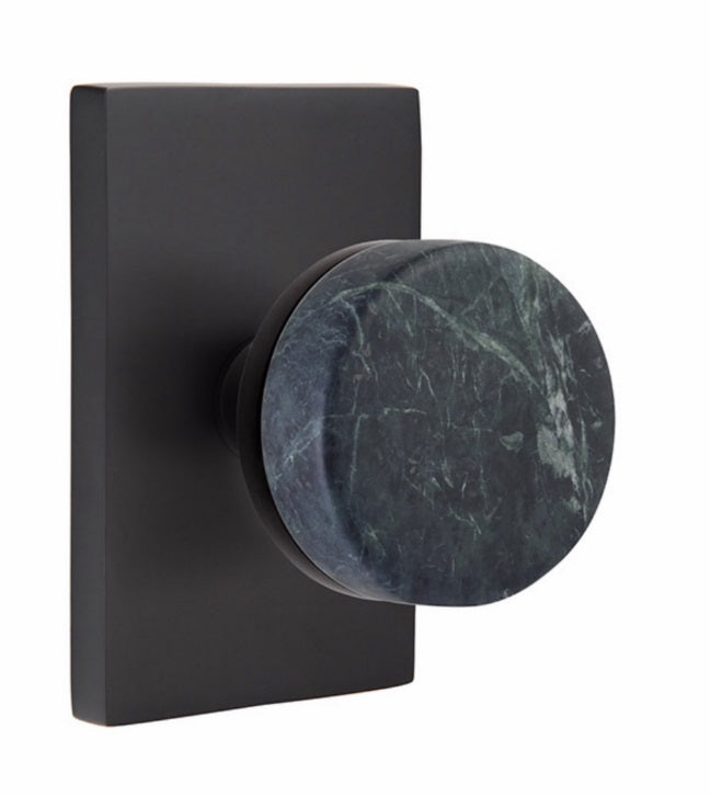 Emtek Select Conical Green Marble Knobset with Modern Rectangular Rosette in Flat Black finish