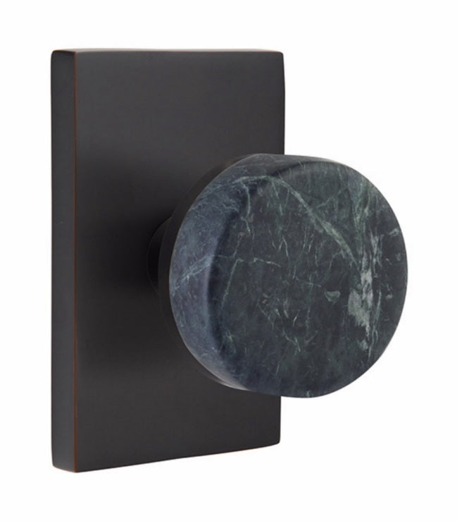 Emtek Select Conical Green Marble Knobset with Modern Rectangular Rosette in Oil Rubbed Bronze finish