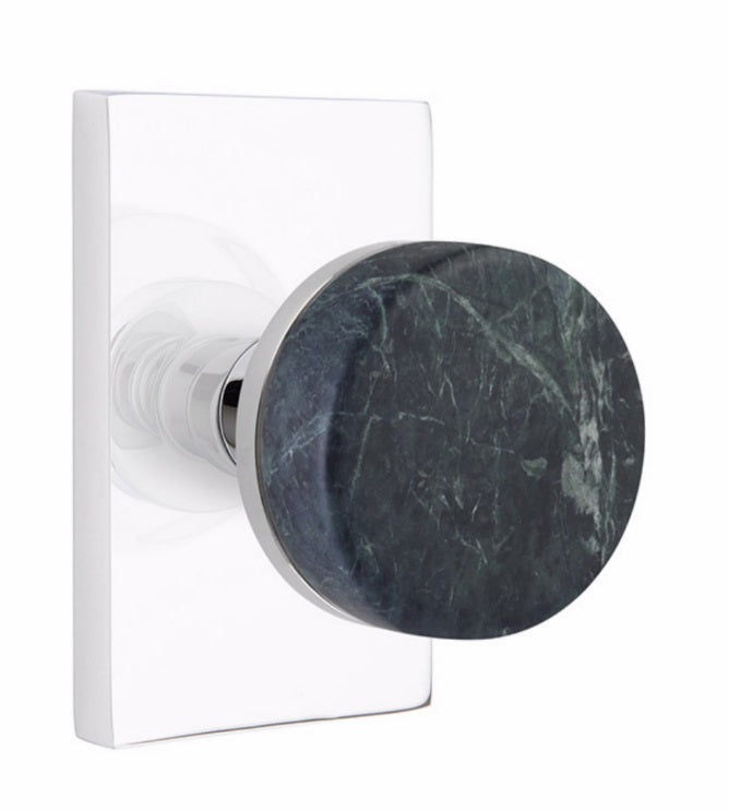 Emtek Select Conical Green Marble Knobset with Modern Rectangular Rosette in Polished Chrome finish