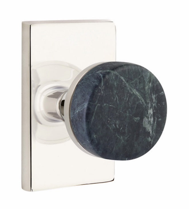 Emtek Select Conical Green Marble Knobset with Modern Rectangular Rosette in Polished Nickel finish