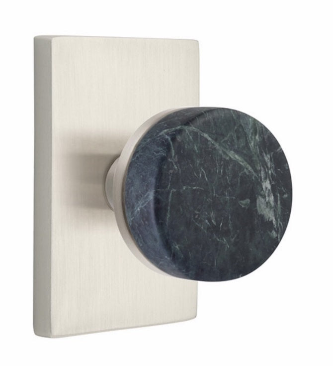 Emtek Select Conical Green Marble Knobset with Modern Rectangular Rosette in Satin Nickel finish