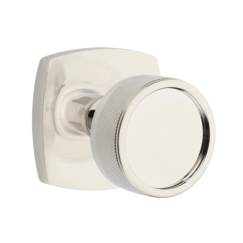 Emtek Select Conical Knurled Knob with Urban Modern Rosette in Lifetime Polished Nickel finish