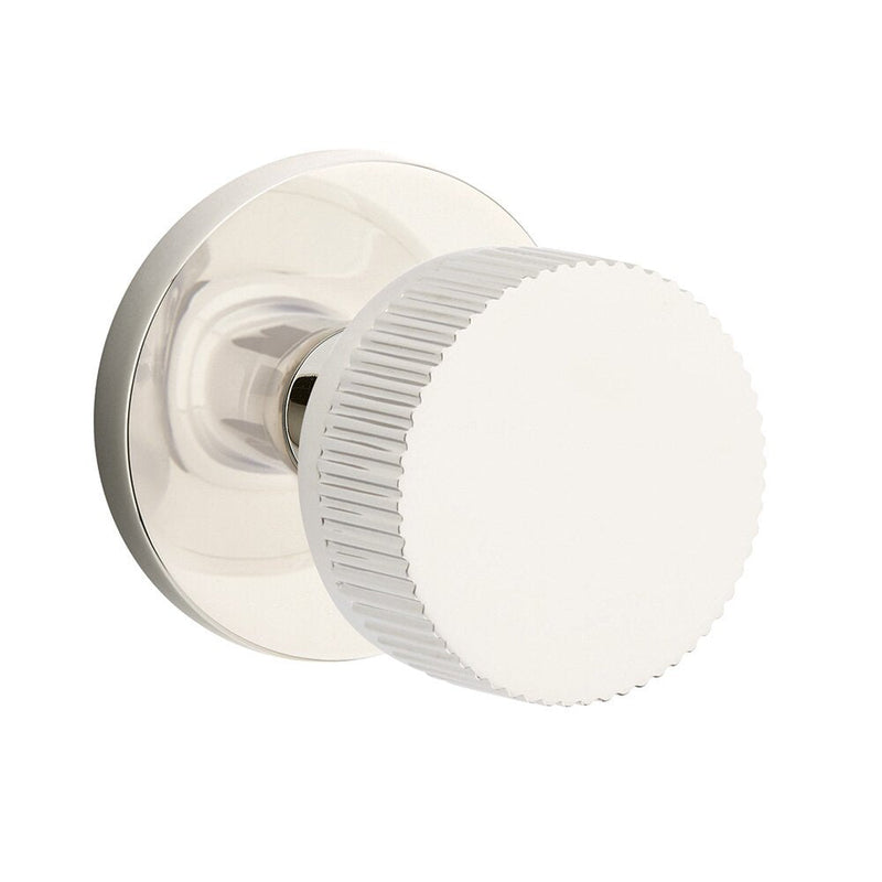 Emtek Select Conical Straight Knurled Knob with Disk Rosette in Lifetime Polished Nickel finish