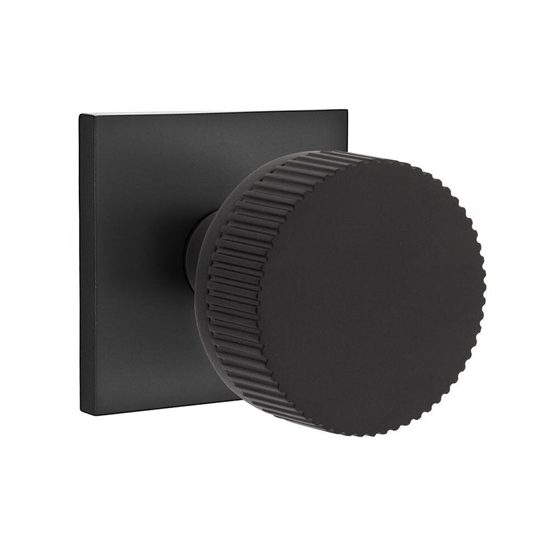 Emtek Select Conical Straight Knurled Knob with Square Rosette in Flat Black finish