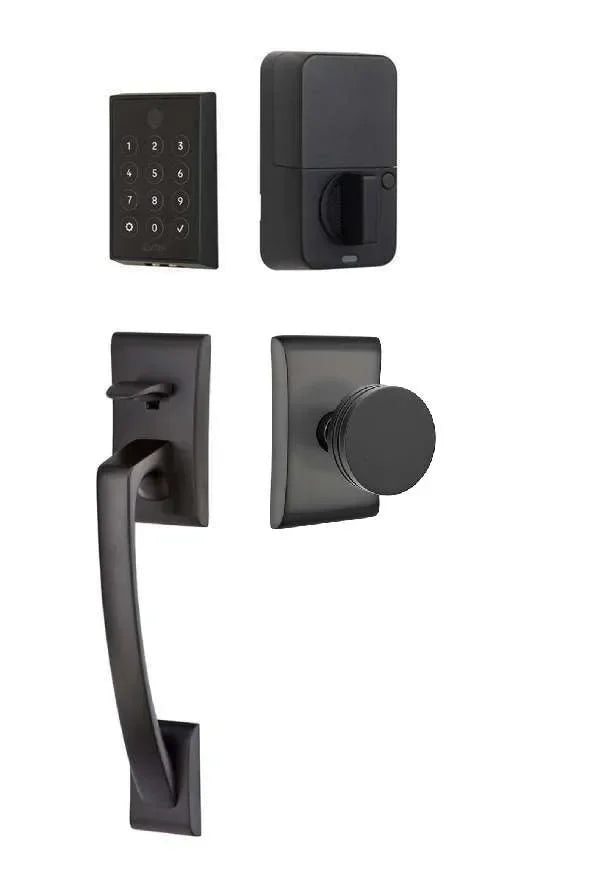 Emtek EMPowered 2 Touch Entry Set with Ares Grip and Interior Bern Knob Flat Black