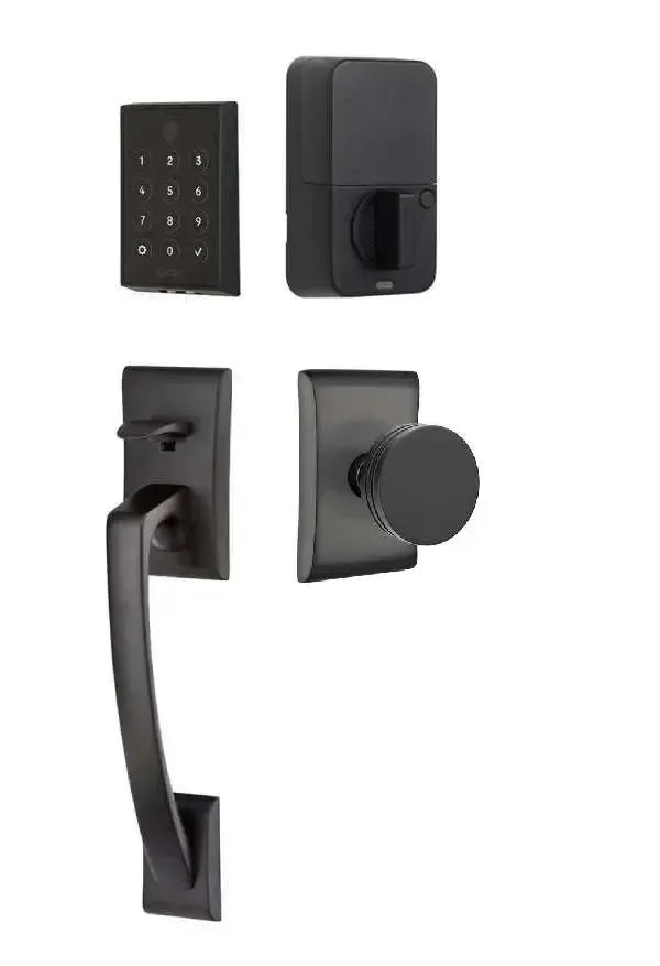 Emtek EMPowered 2 Touch Entry Set with Ares Grip and Interior Bern Knob in Flat Black finish