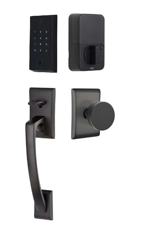Emtek EMPowered 2 Touch Entry Set with Ares Grip and Interior Bern Knob Flat Black