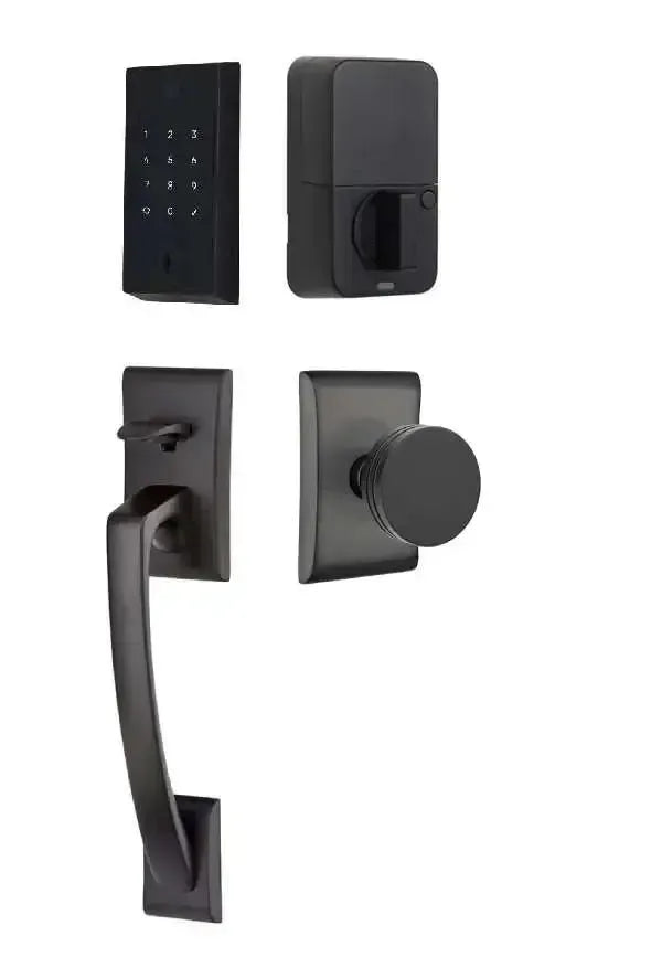 Emtek EMPowered 2 Touch Entry Set with Ares Grip and Interior Bern Knob in Flat Black finish