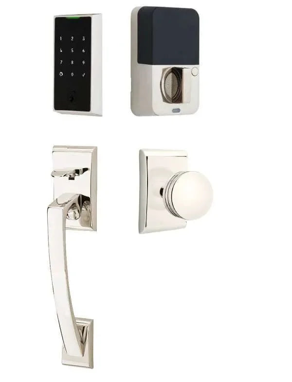 Emtek EMPowered 2 Touch Entry Set with Ares Grip and Interior Bern Knob Lifetime Polished Nickel