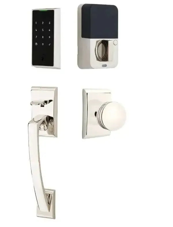 Emtek EMPowered 2 Touch Entry Set with Ares Grip and Interior Bern Knob in Lifetime Polished Nickel finish