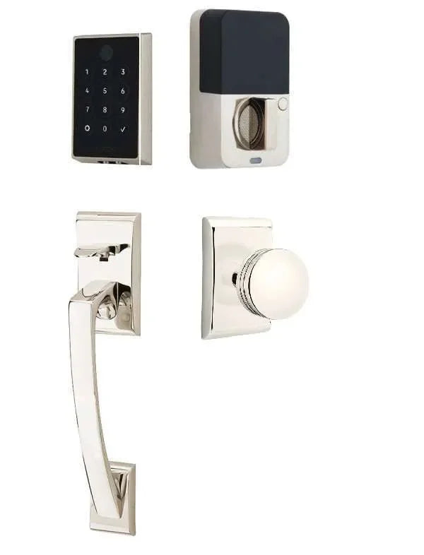 Emtek EMPowered 2 Touch Entry Set with Ares Grip and Interior Bern Knob Lifetime Polished Nickel