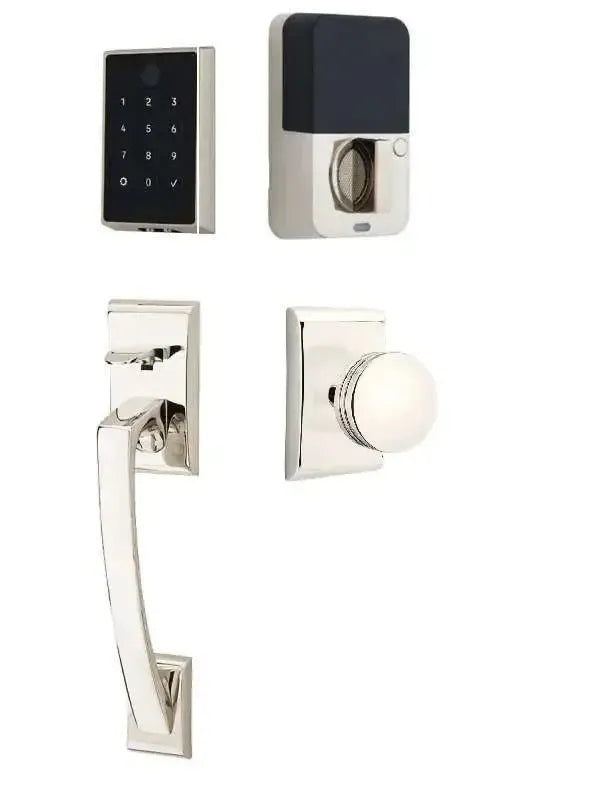 Emtek EMPowered 2 Touch Entry Set with Ares Grip and Interior Bern Knob in Lifetime Polished Nickel finish
