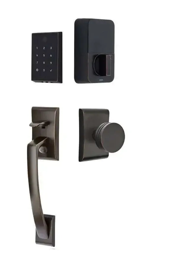 Emtek EMPowered 2 Touch Entry Set with Ares Grip and Interior Bern Knob in Oil Rubbed Bronze finish