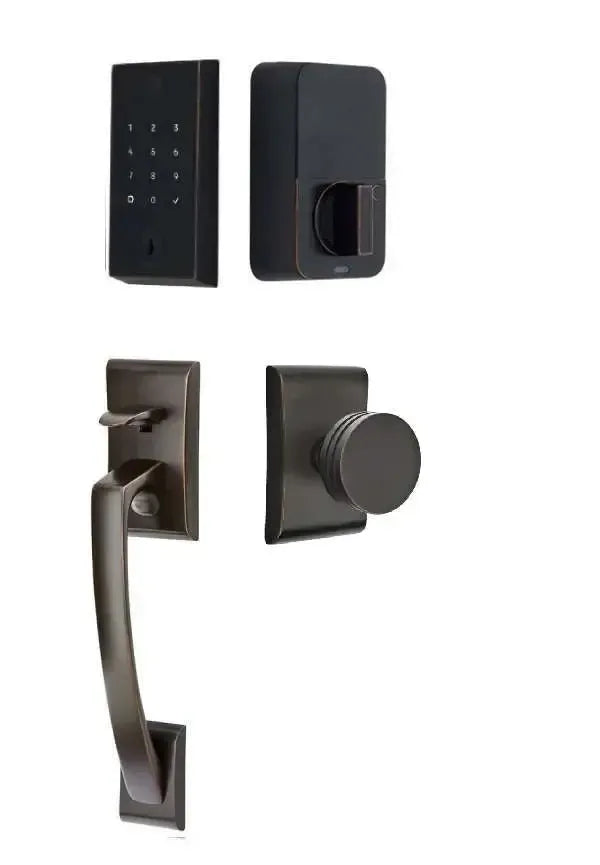Emtek EMPowered 2 Touch Entry Set with Ares Grip and Interior Bern Knob in Oil Rubbed Bronze finish