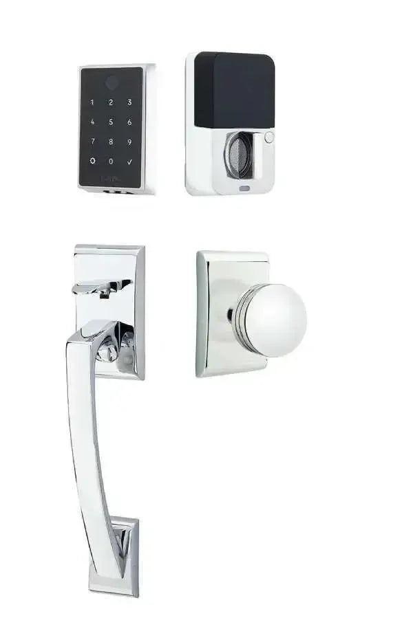 Emtek EMPowered 2 Touch Entry Set with Ares Grip and Interior Bern Knob in Polished Chrome finish