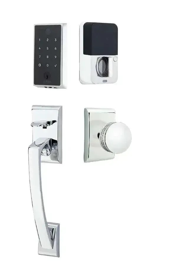Emtek EMPowered 2 Touch Entry Set with Ares Grip and Interior Bern Knob in Polished Chrome finish